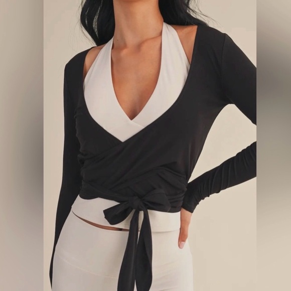 Kimberly C Tops - Chic Black and White Long Sleeve Wrap Top